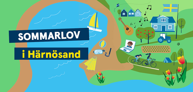 Färgglad illustration med vatten, sol, segelbåt, simfötter, längs Härnösands kustlinje.