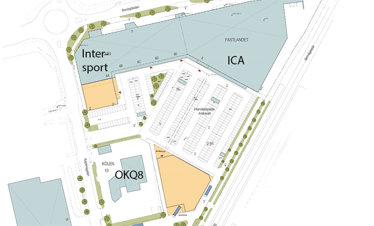 skiss med fastigheter markerade med olika färger.