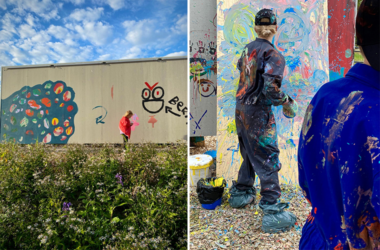Två bilder med barn som deltar i skapande aktivitet på Härnösands öppna vägg