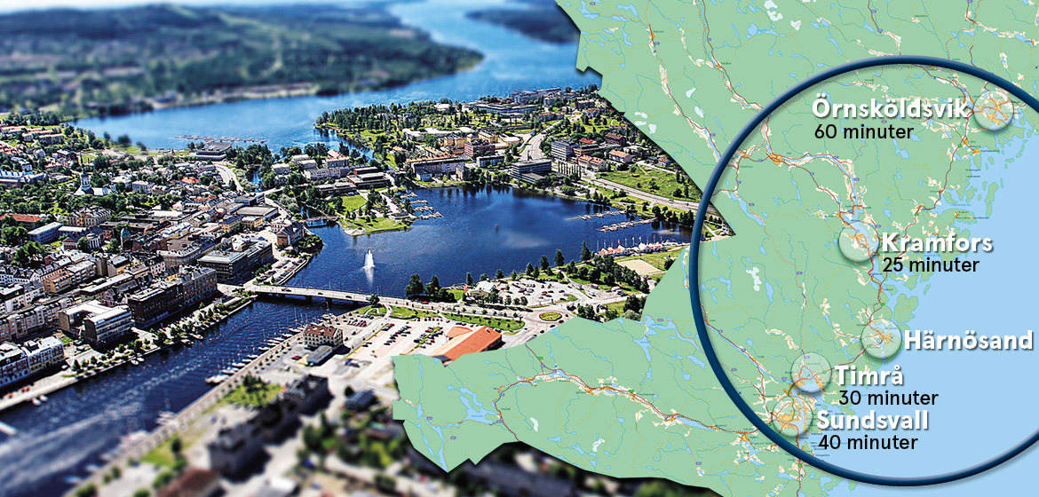 En flygbild över Härnösand med infälld länskarta med pendlingstider till näraliggande kommuner.