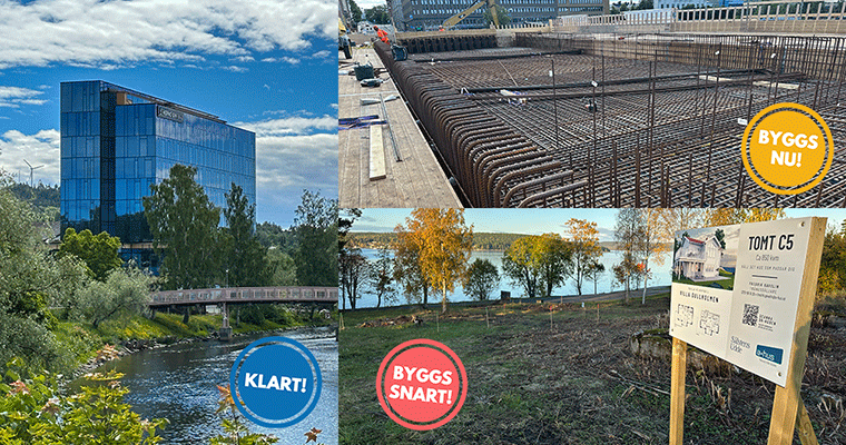 collage med ett hotell, ett brobygge och en vy över en slänt ned mot havet.