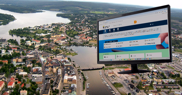 Bildkollage: En flygbild över centrala Härnösand och en bildskärm som visar e-tjänsteportalen.