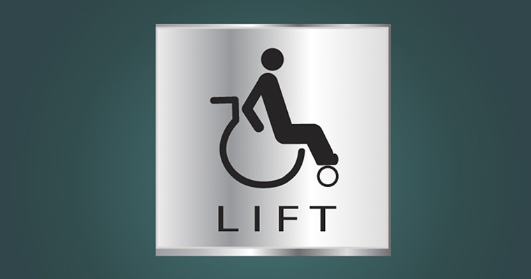 illustration/piktogram på person som sitter i rullstol med texten "lift" under