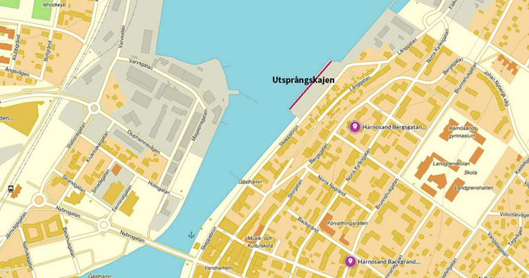 kartbild över hamninloppet med utsprångskajen markerad