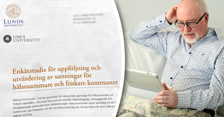 Kollage med försättsbladet till en enkätundersökning och en bild på en äldre man som läser på sin läsplatta.