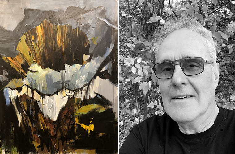 Målning med inspiration av landskap samt fotografi föreställande Stefan Holmgren.