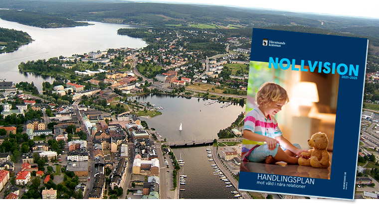 Fotomontage: En flygbild över Härnösand och broschyren Nollvision - Handlingsplan mot våld i nära relationer.