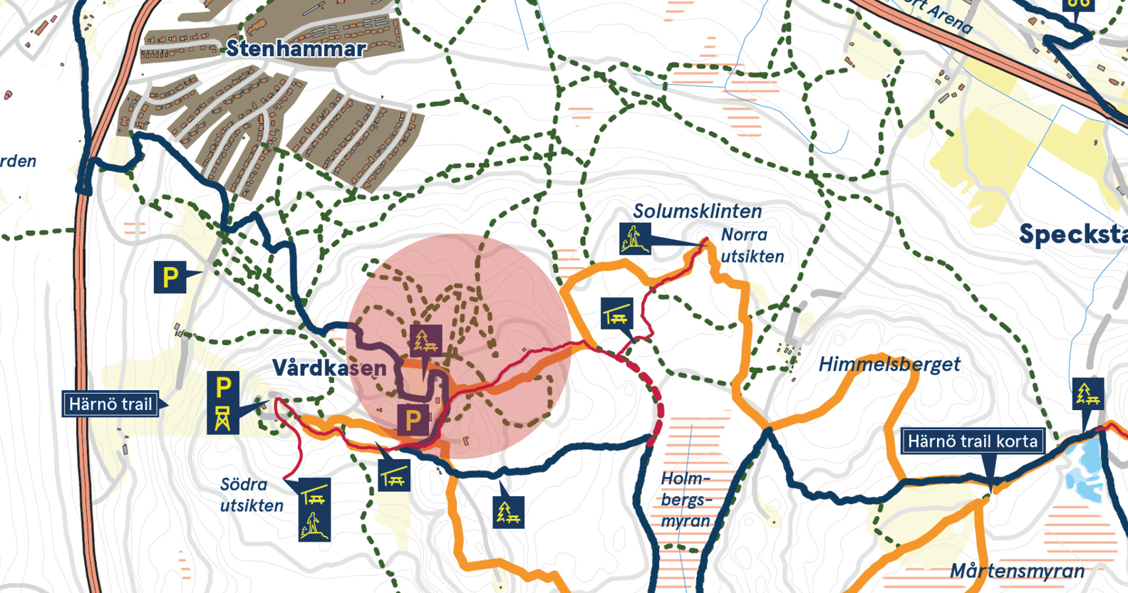 Kartbild över området Vårdkasen. En röd rund ring markerar området där trädfällningen ska göras.