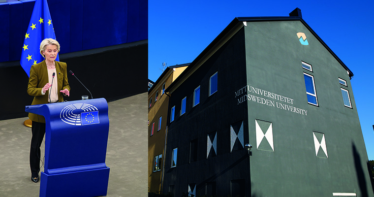 Kollage med dels en bild på en kvinna som står i en talarstol, dels byggnader på Mittuniversitetets campusområde.