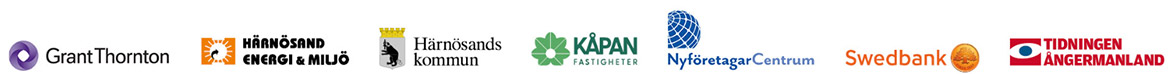Logotyper: HEMAB, Härnösands kommun, Grant Thornton, Tidningen Ångermanland, Nyföretagarcentrum Mitt, KÅPAN Fastigheter och Swedbank.