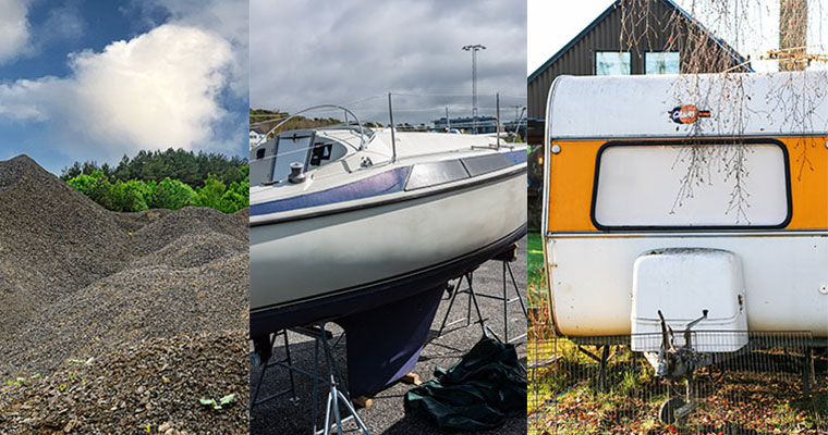 collage med bilder på grushögar, en båt och en husvagn