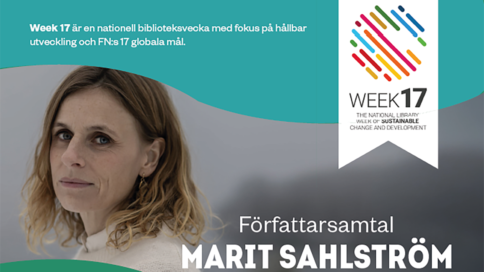 porträtt på kvinnlig författare och logotyp för week 17