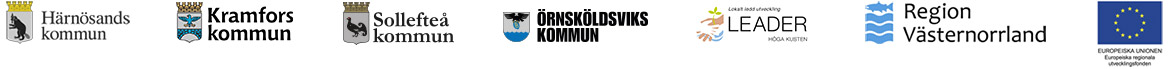 Logotyper: Härnösands kommun, Kramfors kommun, Sollefteå kommun, Örnsköldsviks kommun, Leader Höga Kusten, Region Västernorrland och EU.