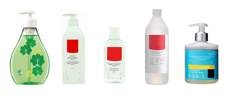 fem plastflaskor av olika typ