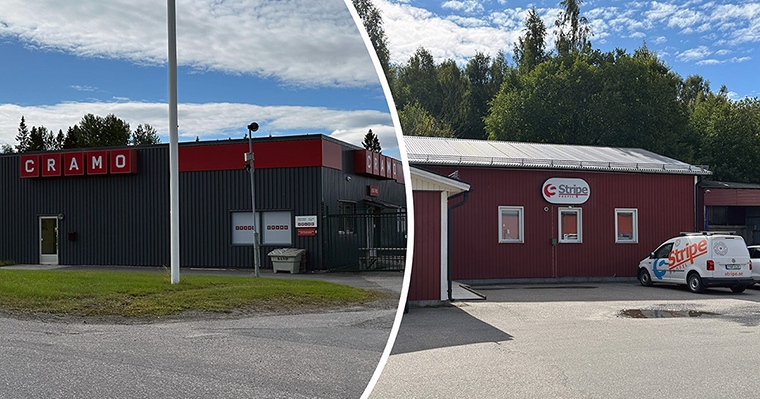 Fotomontage, två exteriöra bilder på byggnader, företagsnamnen Cramo och Stripe på byggnaderna