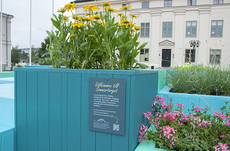 Blå- och grönmålade lådor där några är planterade med blommor. På en av lådorna sitter en skylt med information om Sommartorget