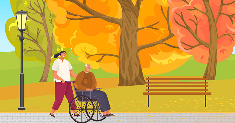 Illustration av kvinna som tar med rullstolsburen man på promenad i skogen.