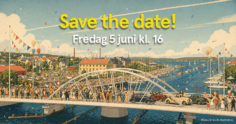 illustration där många människor går över en bro och några gamla bilar kör på bron.