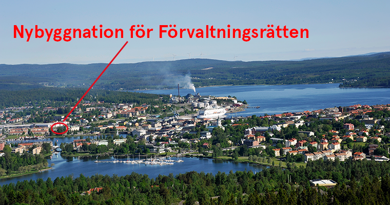 Flygbild över centrala Härnösand. Området Torsvik är inringat