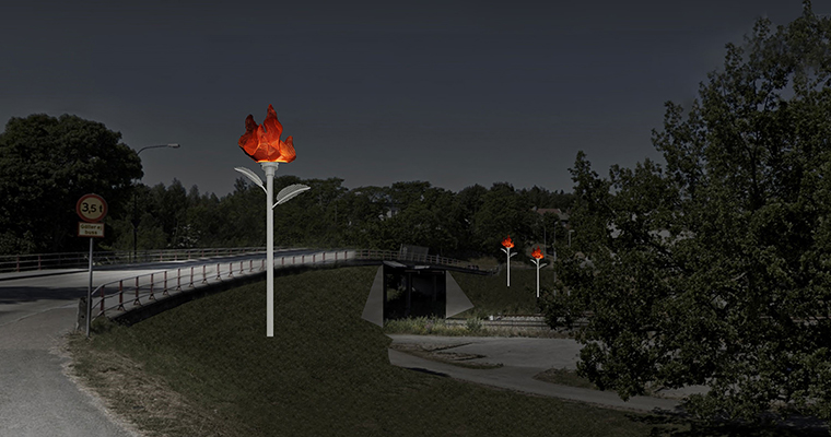 montagebild på järnvägsbro med tre stora lyktstolpar med rödgula eldsblommor