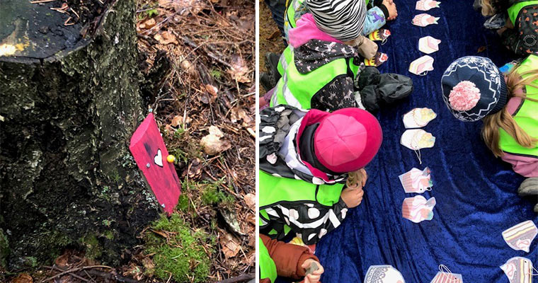 En liten nissedörr på en stubbe. Förskolebarn som pysslar runt ett bord ute i skogen. 