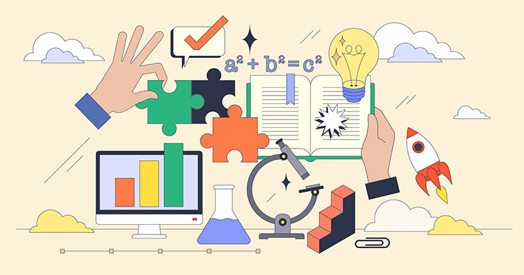 Illustration med glödlampa, pusselbitar, rymdraket och många andra föremål.