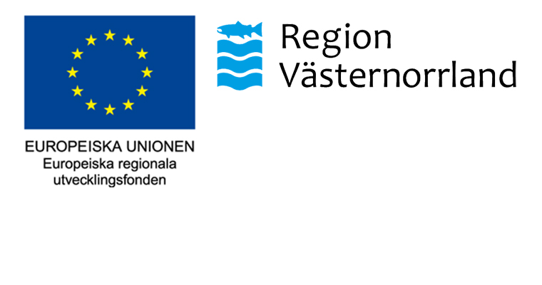 två logotyper, en med mörkblå bakgrund och gula stjärnor i en ring och texten under Europeiska unionen, europeiska regionala utvecklingsfonden. Dena andra en bild med en ljusblå fisk ovanför tre ljusblåa vågor och text till höger: Region Västernorrland
