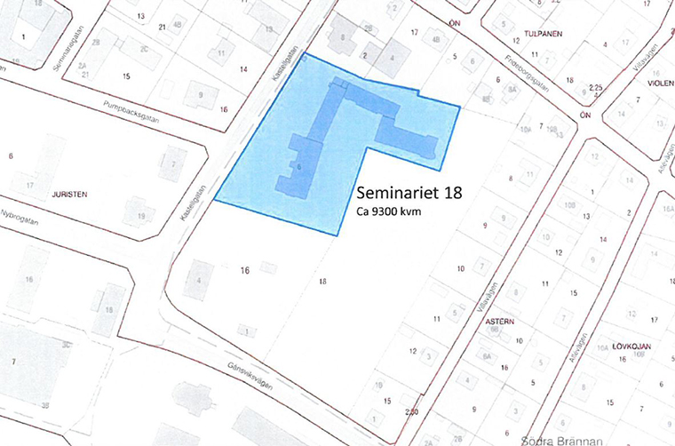 ritning över en stadsdel med ett område markerat med blå färg