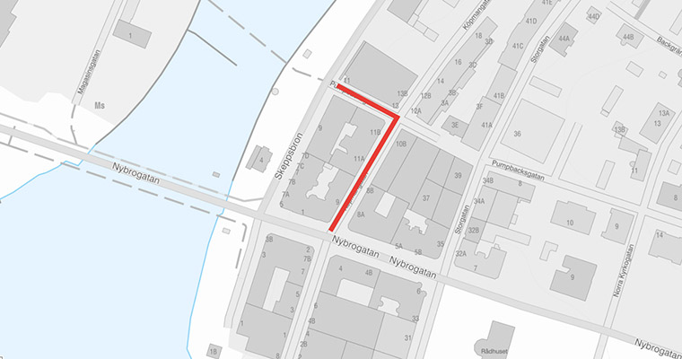 karta med två gator markerade med rött