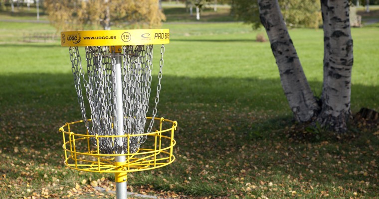 en målkorg för discgolf i en parkmiljö