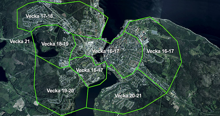 En karta över centrala Härnösand med sopningsområdena utmärkta.