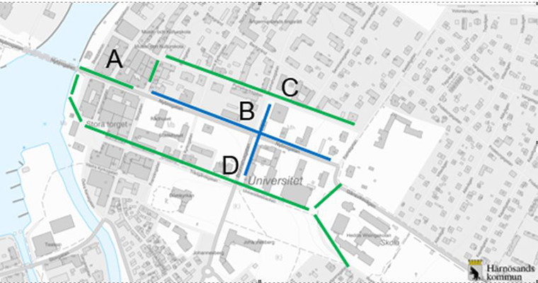 stadskarta med blå och gröna linjer