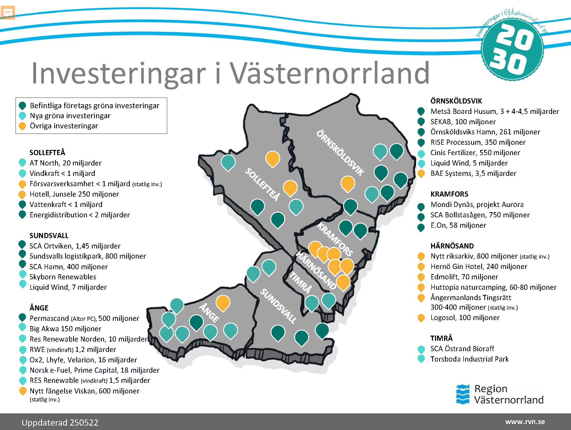 Karta över Västernorrland som visar ett urval av investeringar