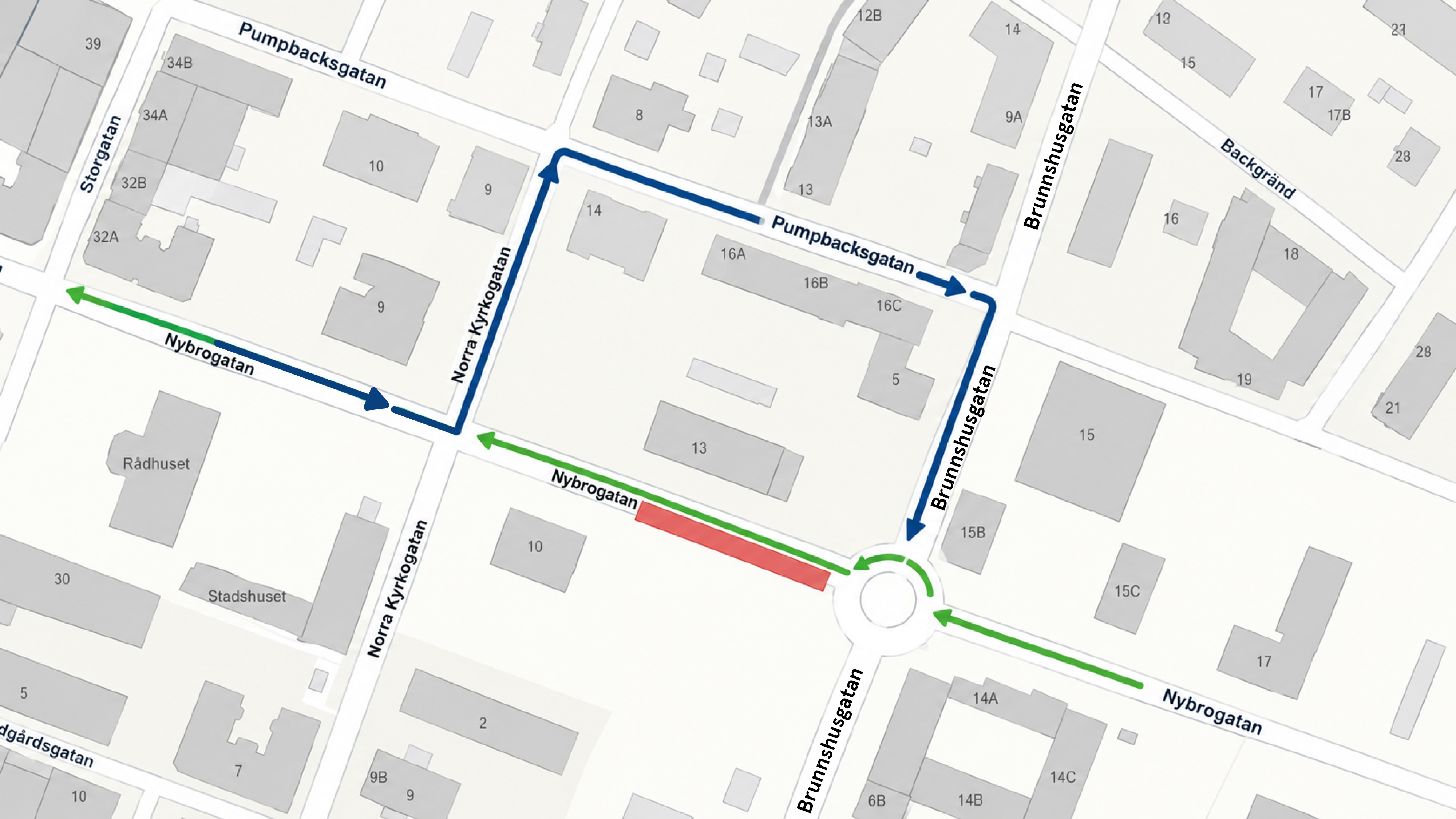Kartbild som visar var på Nybrogatan ett grävarbete ska göras samt hur trafiken leds om.