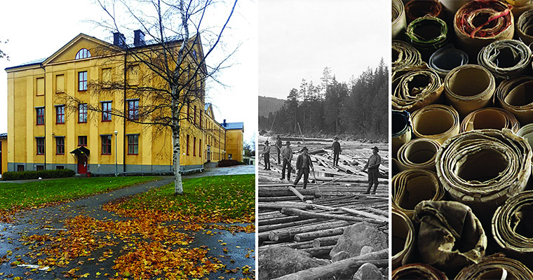Bildkollage: Landsarkivet, flottare och gamla pappersrullar.