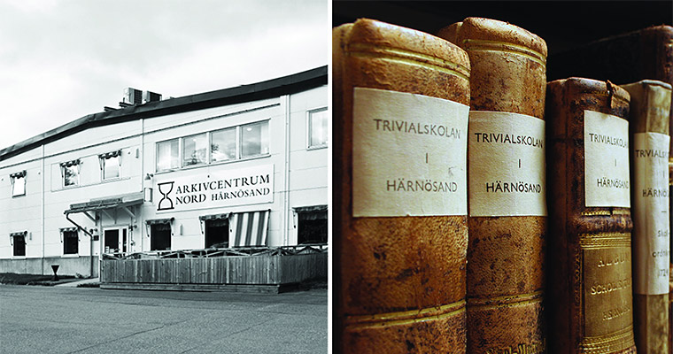 Bildkollage: Arkivcentrum Nord och böcker om Trivialskolan i Härnösand.