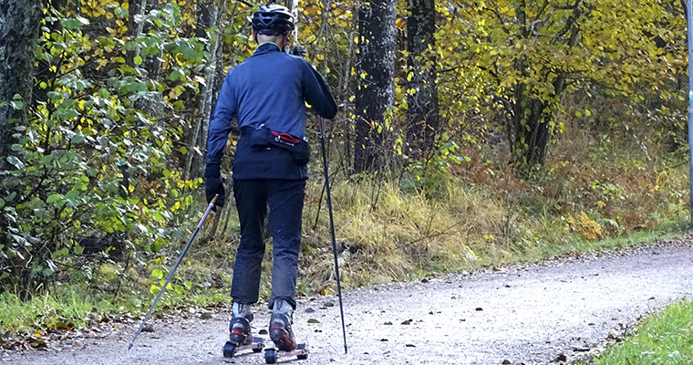 En man sedd bakifrån åker rullskidor på en bred stig i en skog
