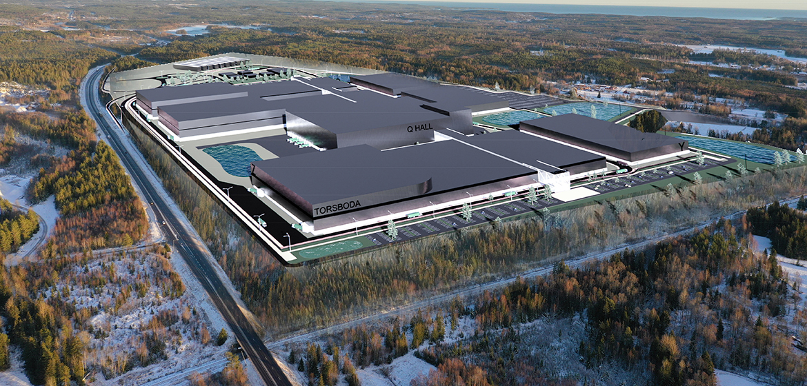 flygbild över ett skogsområde med en illustrerad stor fabrik