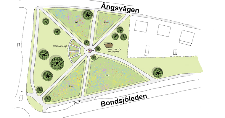 illustration över en park med gångvägar, grönytor och träd