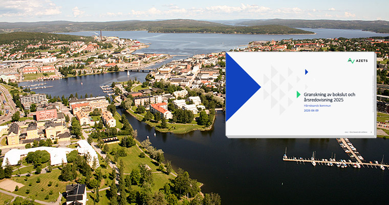 Granskning av bokslut och årsredovisning och en flygbild över Härnösand.