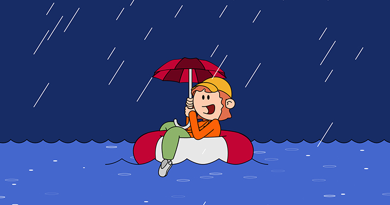 illustration med en person som flyter omkring i en gummiring, har ett paraply och det regnar