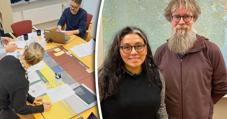 En bild på personer som arbetar engagerat vid ett stort konferensbord med papper pennor och datorer. Infälld en bild på en man och en kvinna.