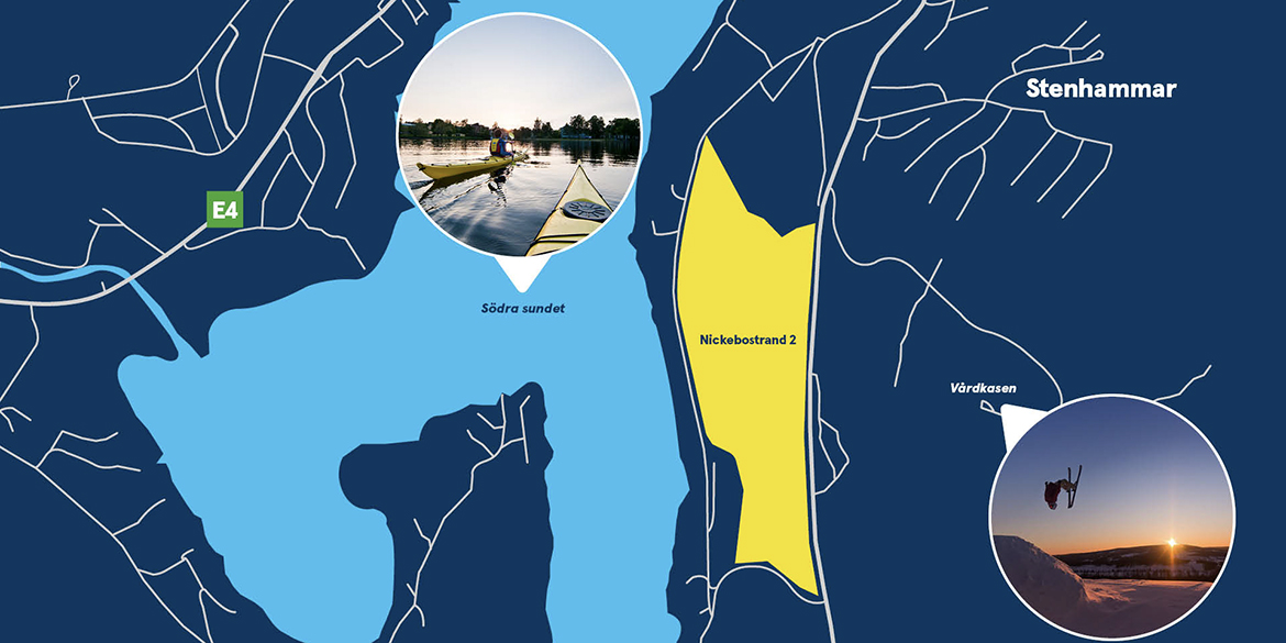 en kartskiss med ett område markerat med gult. Infällt finns bilder på några som paddlar kanot och en skidåkare som gör ett hopp