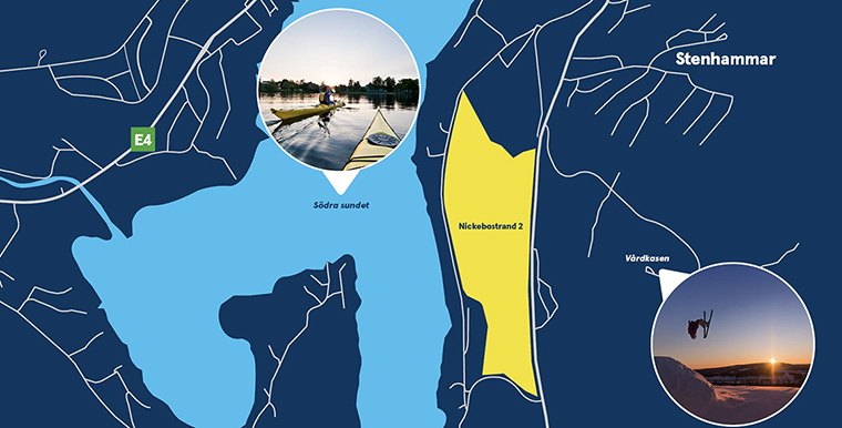 en kartskiss med ett område markerat med gult. Infällt finns bilder på några som paddlar kanot och en skidåkare som gör ett hopp