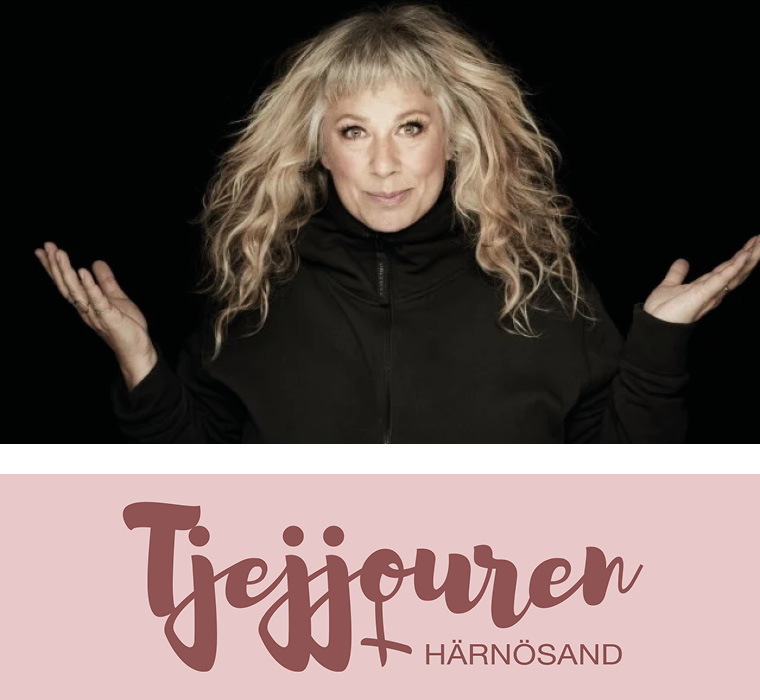 Bildmontage med Stina Wollter och logotyp för Tjejjouren Härnösand