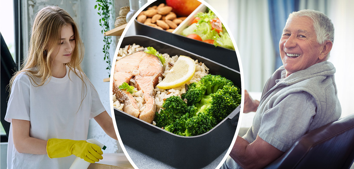 Bildkollage: En kvinna som städar, matlådor och en glad man.