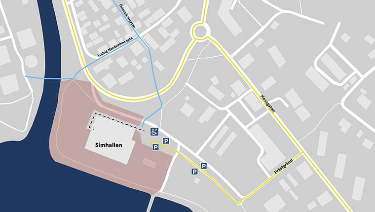 karta över en stad med gula och blå markerade linjer.