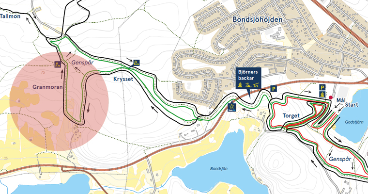 En karta över Bondsjöhöjdens motionsspår där området Granmoran är rödmarkerat.