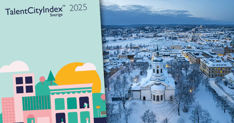 Flygbild över centrala Härnösand i vinterskrud samt försättsbladet på en enkätundersökning med titeln "Talent City Index 2025".