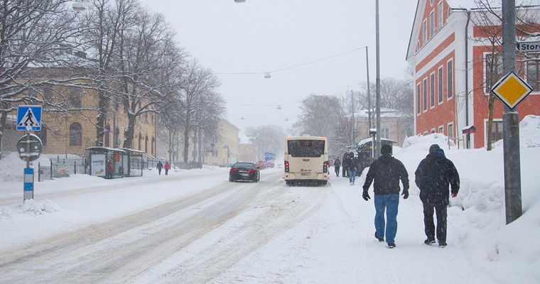 Två personer sedda bakifrån går på trottoar i snöyra